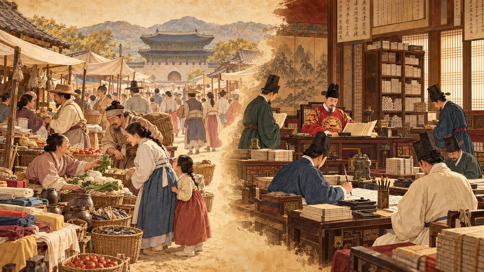Mercado de Joseon frente a una oficina gubernamental: el mundo hablado y el mundo escrito