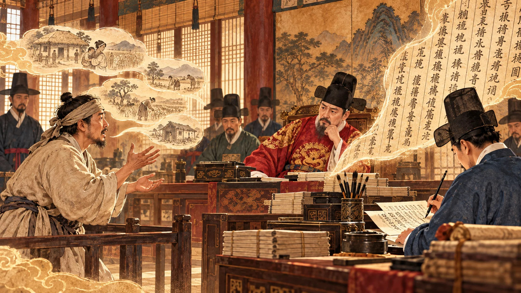 Escena de juicio de Joseon con un ciudadano hablando y un funcionario registrando sus palabras