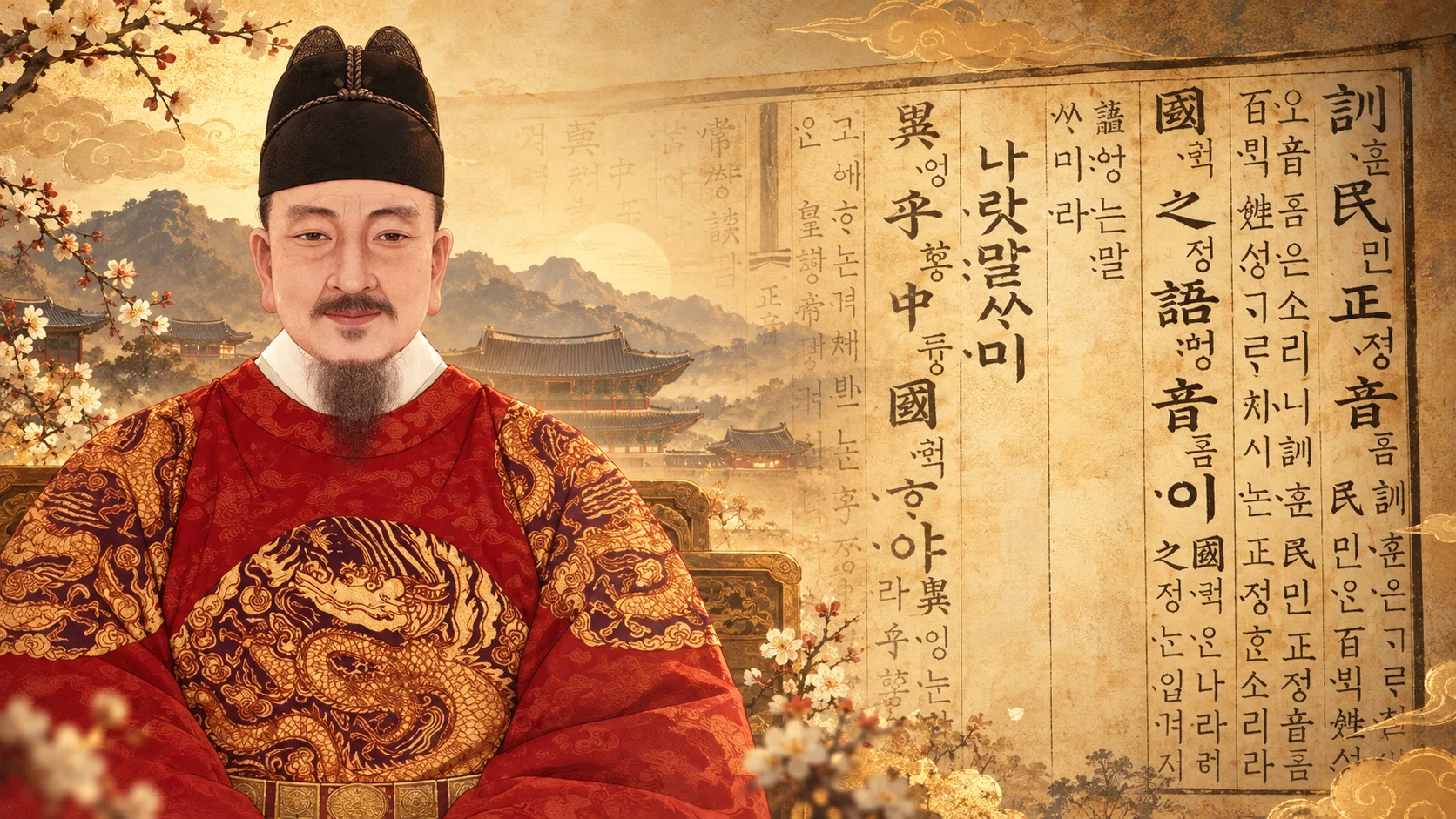 Ilustración de 세종대왕 junto a un manuscrito de 훈민정음