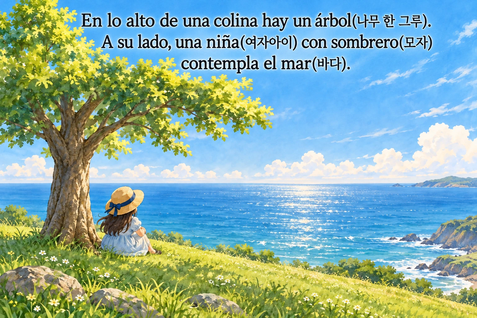Un árbol en una colina y una niña con sombrero que contempla el mar.